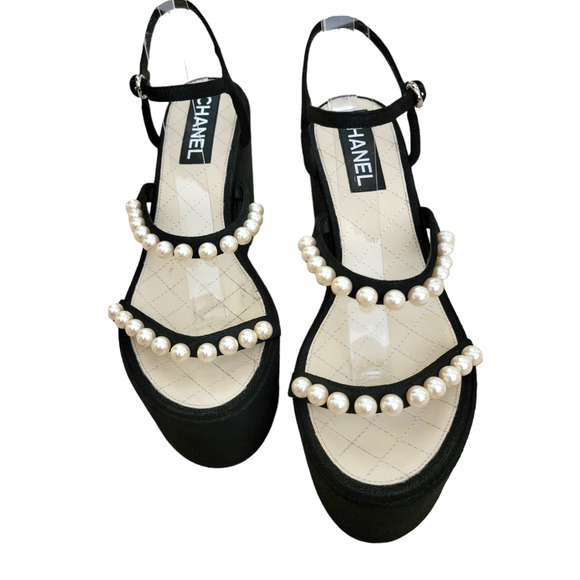CHANEL Shoes - Chanel Platform CC Pearl Wedge Sandals Black And White Strappy Logo 9.5 40